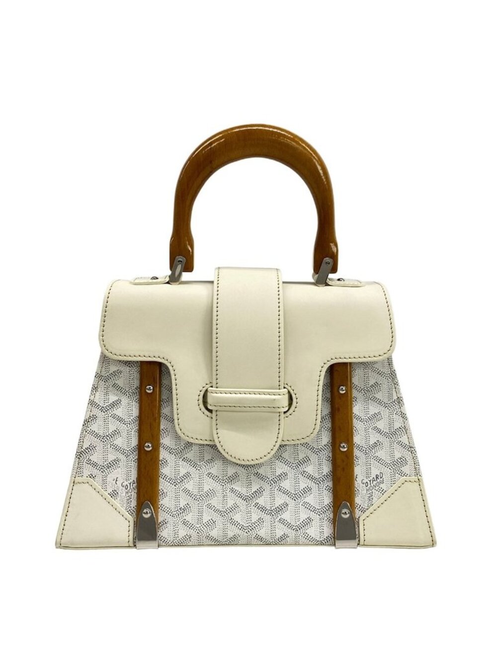 Goyard Handbag Saigon PM White Gray Brown Wood Handle Leather